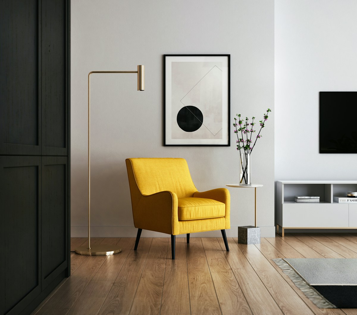 Bright modern interior with designer sofa, arc lamp, and curated coffee table